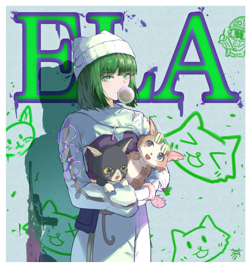 1girl absurdres animal arknights cat character_name chewing_gum ela_(rainbow_six_siege) ela_(safehouse)_(rainbow_six_siege) eyewear_on_head graffiti green_eyes green_hair gun hat highres holding holding_animal holding_cat mole mole_under_eye rainbow_six_siege tadanoyumedesu weapon