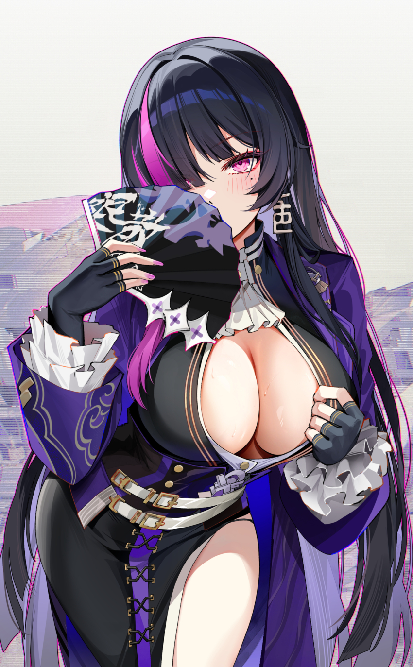 1girl absurdres black_dress black_gloves black_hair breasts chasing_kaleidorider colored_inner_hair commentary dress fingerless_gloves foxyreine gloves hand_fan highres holding holding_fan jacket large_breasts leaning_forward light_blush long_hair looking_at_viewer mole mole_under_eye multicolored_hair murasaki_shikibu_(chasing_kaleidorider) nail_polish pink_eyes pink_jacket purple_hair purple_nails side_slit solo streaked_hair very_long_hair