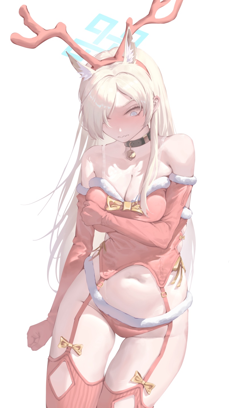 1girl absurdres alternate_costume animal_costume animal_ear_fluff animal_ears antlers bell black_choker blonde_hair blue_archive blue_eyes blush bow chojja choker closed_mouth dog_ears dog_girl elbow_gloves embarrassed extra_ears fake_antlers gloves hair_over_one_eye hairband highres horns jingle_bell kanna_(blue_archive) long_hair panties red_garter_straps red_gloves red_hairband red_panties red_shirt red_thighhighs reindeer_antlers reindeer_costume shirt sidelocks sleeveless sleeveless_shirt solo thighhighs underwear yellow_bow