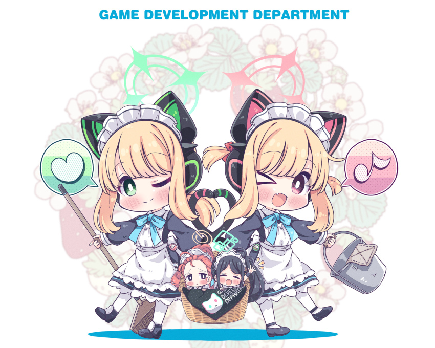 &gt;_o 4girls ;) ;d animal_ear_headphones animal_ears apron aqua_halo aris_(blue_archive) aris_(maid)_(blue_archive) black_dress black_hair black_shoes blonde_hair blue_archive blue_bow blue_bowtie blunt_bangs blush bow bowtie bright_pupils bucket cat_ear_headphones cat_tail chibi chibi_only closed_mouth commentary_request dress english_text fake_animal_ears fake_tail fang frilled_apron frilled_dress frills full_body game_development_department_(blue_archive) green_eyes green_halo hair_bow halo hand_up happy headphones heart heart_tail_duo highres holding holding_bucket holding_mop long_sleeves looking_at_viewer maid maid_headdress medium_hair midori_(blue_archive) midori_(maid)_(blue_archive) momoi_(blue_archive) momoi_(maid)_(blue_archive) mop multiple_girls musical_note notice_lines official_alternate_costume official_alternate_hairstyle one_eye_closed open_mouth outstretched_hand pantyhose pink_halo ponytail puffy_long_sleeves puffy_sleeves rectangular_halo red_bow red_eyes red_hair shoes siblings side-by-side side_ponytail sidelocks simple_background sisters skin_fang smile speech_bubble split_mouth spoken_heart spoken_musical_note standing standing_on_one_leg tail takahero tareme twins twintails waving white_apron white_background white_pantyhose white_pupils yellow_halo yuzu_(blue_archive) yuzu_(maid)_(blue_archive)