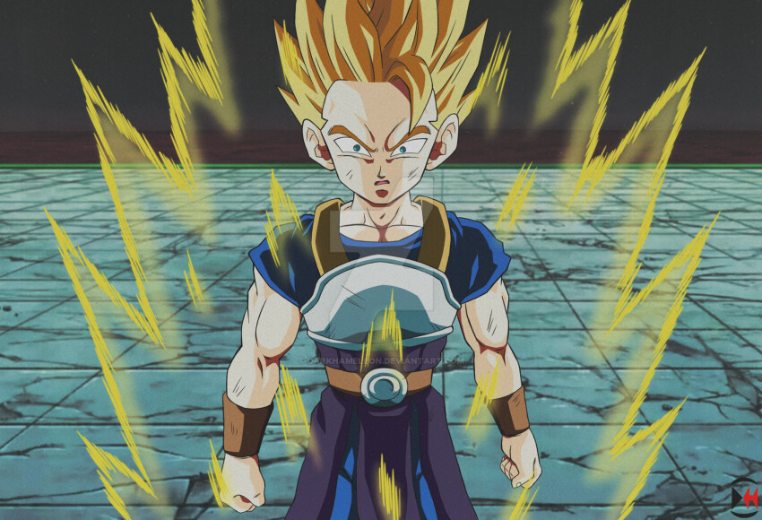 1980s_(style) 1boy artist_logo artist_name belt blonde_hair blue_eyes blue_pants blue_shirt cabba checkered_floor clenched_hands commentary cowboy_shot crack cracked_floor darkhameleon deviantart_username dragon_ball dragon_ball_super dragonball_z english_commentary highres logo looking_at_viewer male_focus medium_hair nose oldschool open_mouth pants pectorals redesign retro_artstyle saiyan_armor shirt solo standing super_saiyan super_saiyan_1 toned toned_male tongue toriyama_akira_(style) v-shaped_eyebrows watermark