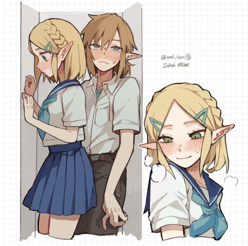 1boy 1girl black_pants blonde_hair blue_skirt blush dango_(uni_520) green_eyes heavy_breathing hetero link nintendo pants princess_zelda school_uniform serafuku shirt skirt stuck_in_a_box the_legend_of_zelda white_shirt