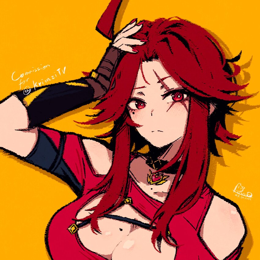 absurdres ahoge black_choker breasts bright_pupils brown_gloves choker cleavage cleavage_cutout clothing_cutout commission commissioner_name dated fingerless_gloves gloves heart_pendant highres large_breasts looking_at_viewer medium_hair mole mole_on_breast mole_under_eye original red_hair red_nails rnna scar scar_on_face shadow shoulder_cutout sidelocks signature simple_background upper_body white_pupils yellow_background
