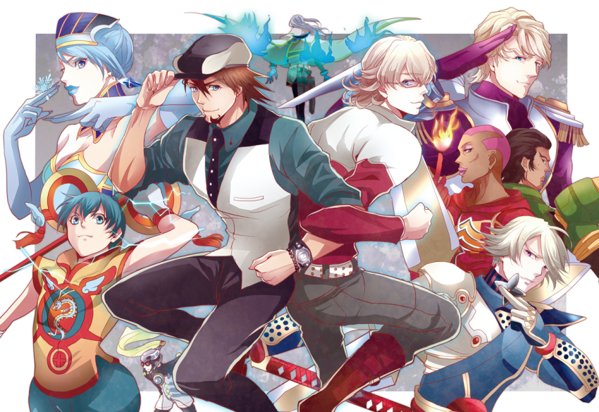 10s 2girls 6+boys acaallodola antonio_lopez bad_id bad_pixiv_id barnaby_brooks_jr. blonde_hair blue_fire blue_rose_(tiger_&amp;_bunny) cape dragon_kid fire fire_emblem_(tiger_&amp;_bunny) unworn_headwear helmet unworn_helmet huang_baoling ivan_karelin kaburagi_t._kotetsu karina_lyle keith_goodman lunatic_(tiger_&amp;_bunny) multiple_boys multiple_girls nathan_seymour origami_cyclone rock_bison shuriken superhero_costume tiger_&amp;_bunny weapon yuri_petrov