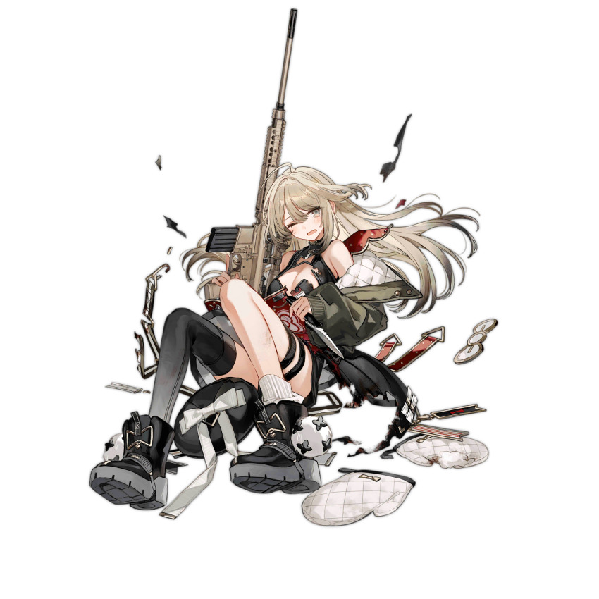 1girl apron beret black_boots black_dress black_hair black_hat black_thighhighs blonde_hair blush boots bow bowtie breasts buckle chocoan cleavage colored_tips dress fallen_down fang full_body girls&#039;_frontline gradient_hair green_jacket grey_eyes gun hat hat_ribbon highres holding holding_gun holding_knife holding_weapon jacket knife long_hair long_sleeves looking_at_viewer m110_(girls&#039;_frontline) m110_sass medium_breasts multicolored_hair off_shoulder official_art one_eye_closed open_clothes open_jacket open_mouth oven_mitts platform_boots platform_footwear pom_pom_(clothes) red_apron reverse_grip ribbon rifle scope shoe_soles simple_background single_sock single_thighhigh sitting skin_fang sleeveless sleeveless_dress snap-fit_buckle sniper_rifle socks solo sweatdrop tears thigh_strap thighhighs third-party_source torn_apron torn_clothes torn_dress transparent_background unworn_headwear unworn_mittens weapon white_ribbon white_socks