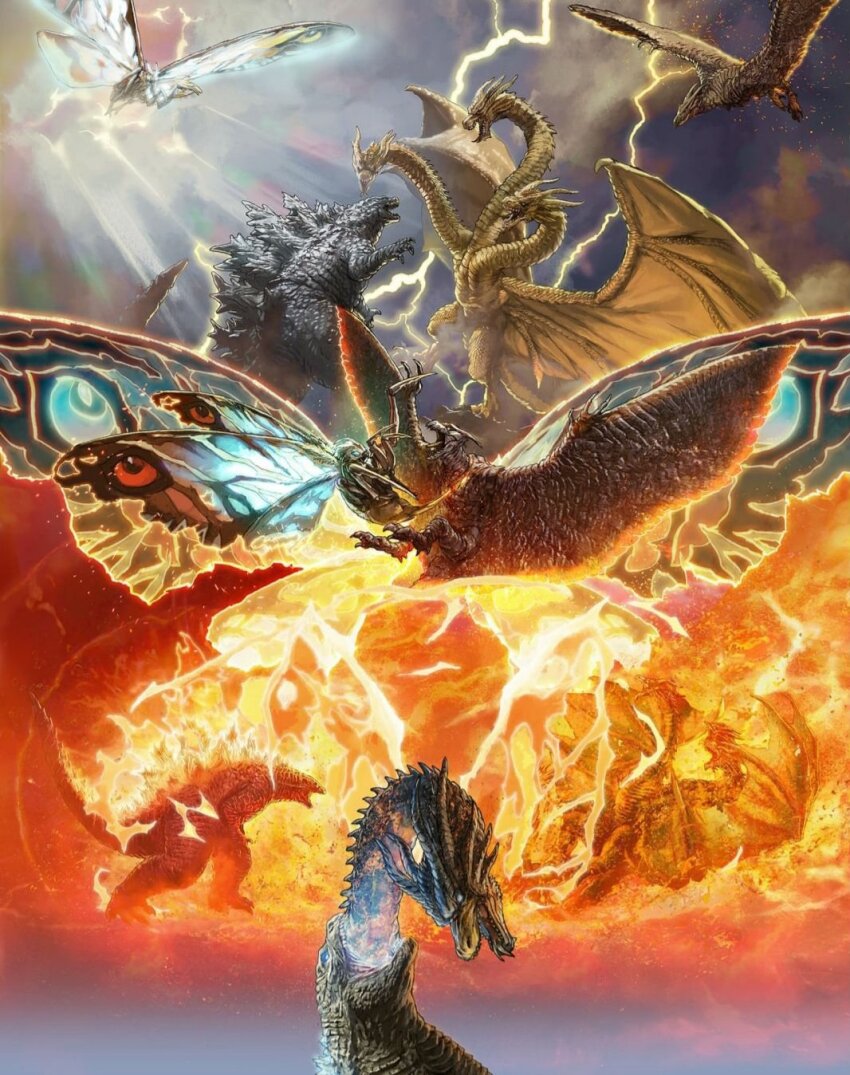 aerial_battle alien battle bioluminescence bug cloud conjoined cross_promotion dinosaur disembodied_head dragon eating elemental_(creature) embers energy energy_field energy_pulse epic fire_elemental flying ghost gills glowing glowing_eyes glowing_spikes godzilla godzilla:_fight_or_flight godzilla:_king_of_the_monsters godzilla_(series) highres hydra insect kaiju king_ghidorah legendary_pictures lightning mohammad_yazid monsterverse moth mothra multiple_heads no_humans nuclear_pulse official_art pterosaur rodan sea_monster spikes storm sunlight tail tie-in toho wings