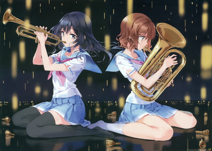 10s 2girls absurdres back-to-back black_hair black_legwear brown_eyes brown_hair crying euphonium feet from_side full_body hibike!_euphonium highres huge_filesize instrument kousaka_reina multiple_girls neckerchief no_shoes non-web_source oumae_kumiko pink_neckerchief profile purple_eyes scan school_uniform see-through_clothes short_hair sitting thighhighs tiv trumpet white_legwear