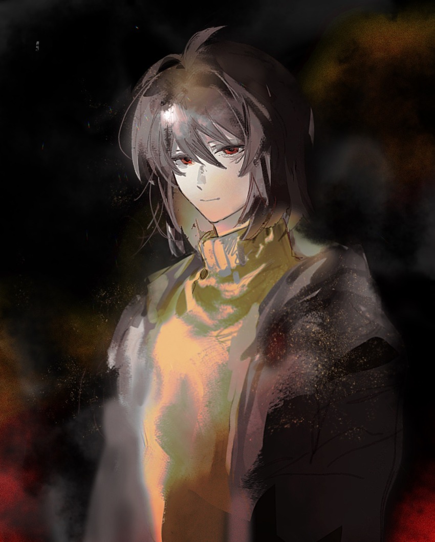 1boy black_jacket brown_hair chinese_commentary closed_mouth commentary_request hair_between_eyes heibaihuabing highres isoi_haruki jacket long_sleeves male_focus open_clothes open_jacket red_eyes saibou_shinkyoku short_hair smile solo sweater turtleneck turtleneck_sweater upper_body yellow_sweater