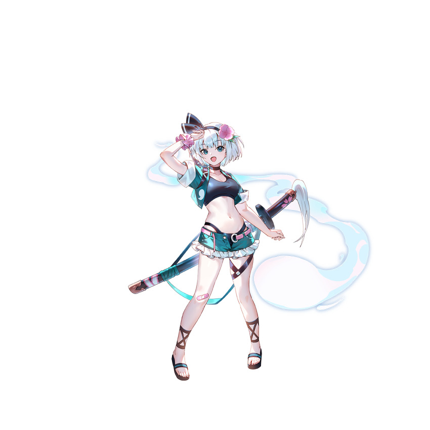 1girl alternate_costume bandaid bandaid_on_leg belt black_choker black_hairband black_sports_bra breasts choker cleavage flower game_cg green_eyes green_shorts green_vest grey_hair hair_flower hair_ornament hairband hat highres hitodama hitodama_print konpaku_youmu konpaku_youmu_(ghost) looking_at_viewer midriff navel non-web_source official_art open_belt open_clothes open_mouth open_vest pink_belt pink_flower scrunchie second-party_source sheath sheathed short_sleeves shorts smile solo sports_bra sword sword_on_back thigh_strap thighs touhou touhou_gensou_eclipse transparent_background u_u_zan umbrella vest water weapon weapon_on_back wrist_scrunchie