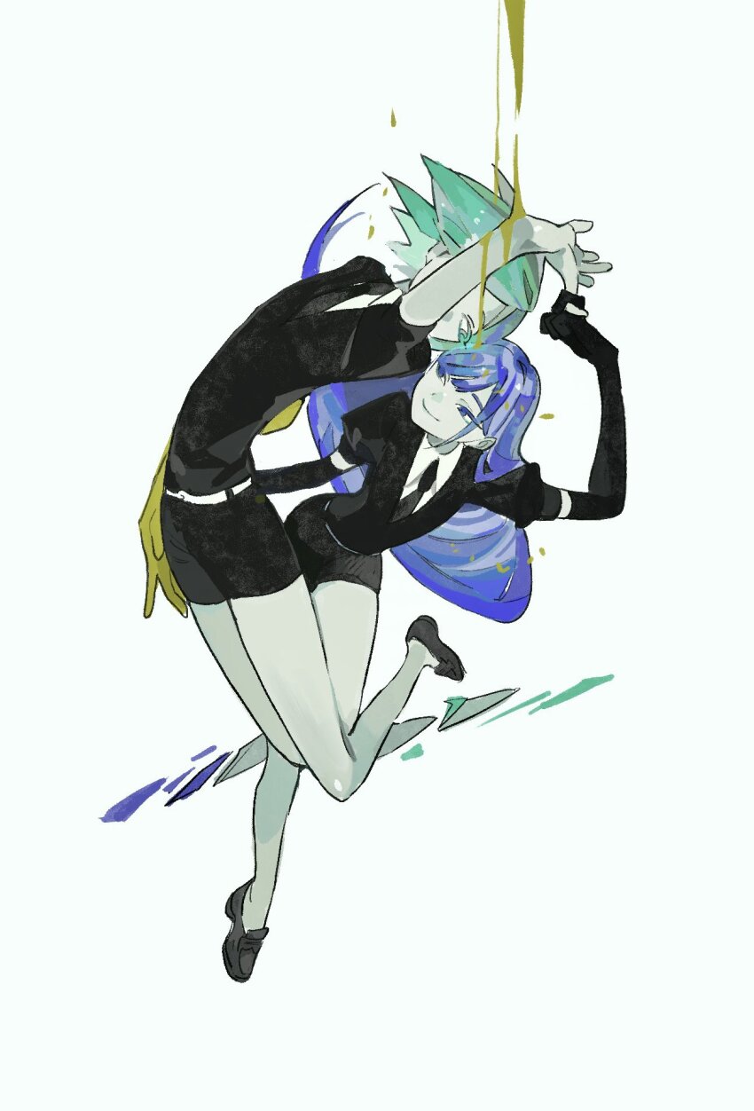 2others androgynous aqua_eyes aqua_hair arched_back arm_up behind_another belt bending_backward black_jumpsuit black_necktie blue_eyes blue_hair closed_mouth collared_shirt colored_eyelashes colored_skin commentary covered_mouth crystal_hair dee_(tannsumi) dripping elbow_gloves eye_contact floating_hair full_body gloves gold grey_skin highres houseki_no_kuni jumpsuit lapis_lazuli_(houseki_no_kuni) loafers long_hair looking_at_another missing_limb molten_metal multiple_others necktie one_eye_covered phosphophyllite pinky_out pinky_swear puffy_short_sleeves puffy_sleeves shirt shoes short_hair short_jumpsuit short_shorts short_sleeves shorts simple_background smile white_background white_belt white_shirt