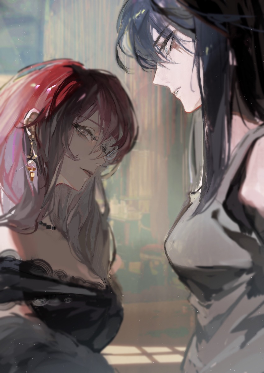 2girls absurdres alternate_costume bare_shoulders black_dress black_hair black_pearl blue_eyes breasts chinese_commentary commentary dress earrings eye_contact floating_earrings from_side gradient_hair grey_eyes grey_tank_top highres jewelry light_particles lips long_hair looking_at_another ludibianyuan medium_breasts military_vehicle motor_vehicle movie_reference multicolored_hair multiple_girls necklace path_to_nowhere pearl_earrings pearl_necklace rahu_(path_to_nowhere) red_hair shalom_(path_to_nowhere) sideways_glance strapless strapless_dress tank tank_top upper_body