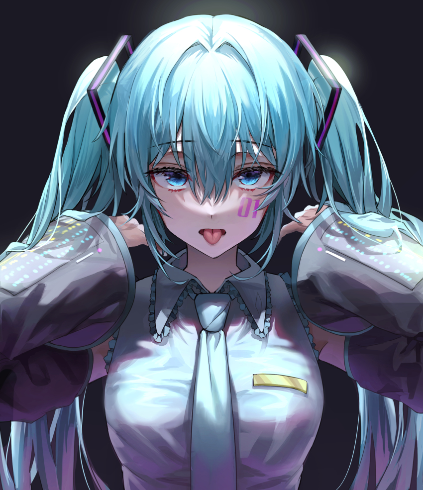 1girl aqua_hair black_background blue_eyes breasts collared_shirt commentary detached_sleeves eyelashes facial_mark frills grey_shirt hair_between_eyes hair_intakes hair_ornament hands_up hatsune_miku highres long_hair nagul number_tattoo sanpaku shirt sidelocks simple_background solo straight-on symbol-only_commentary tattoo tongue tongue_out twintails upper_body vocaloid