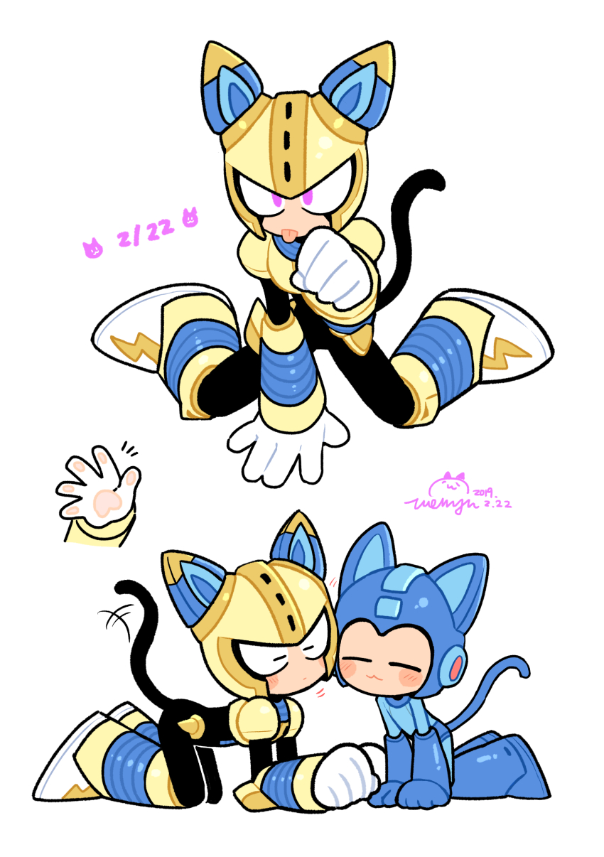 2boys absurdres all_fours android animal_ears armor black_bodysuit blue_armor blue_headwear blush bodysuit cat_boy cat_ears cat_tail cheek-to-cheek chibi closed_eyes commentary_request fuse fuse_man gloves heads_together heart helmet highres joints looking_at_another male_focus mega_man_(character) mega_man_(classic) mega_man_(series) mega_man_11 multiple_boys multiple_views paw_pose pawpads purple_eyes robot robot_ears robot_joints simple_background tail tongue tongue_out vambraces wenyu white_background white_gloves yellow_armor yellow_headwear