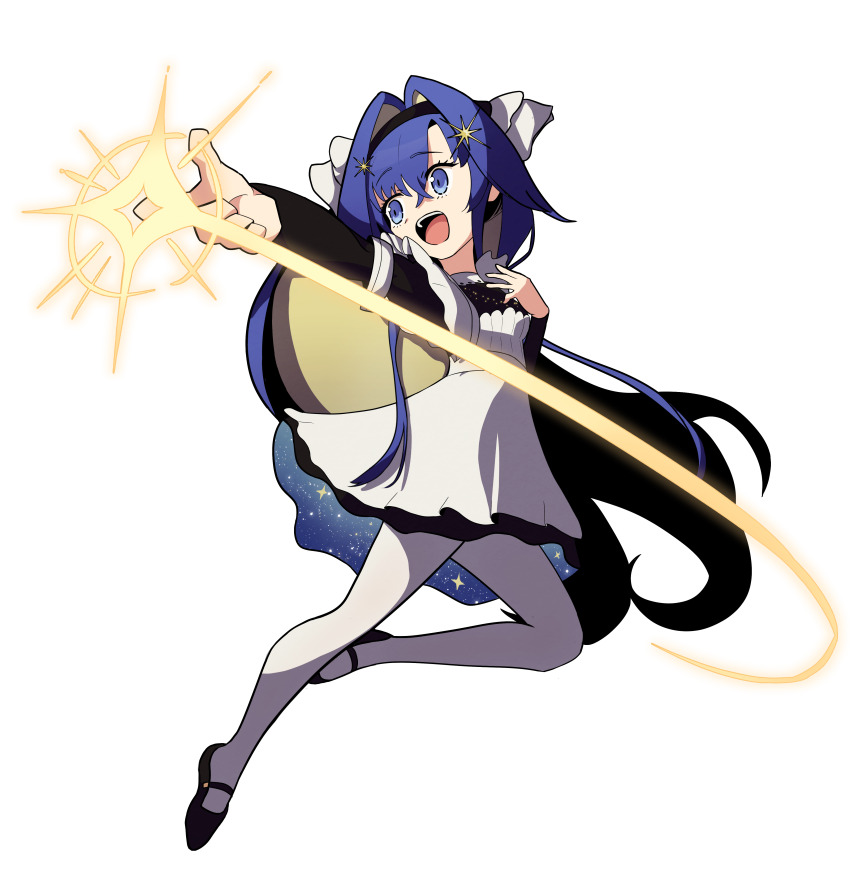 1girl :o absurdres black_dress black_hairband black_shoes blonde_hair blue_eyes blue_hair colored_inner_hair dress floating_hair full_body hair_intakes hair_ornament hairband hand_on_own_chest highres jumping leg_up light_trail long_hair long_sleeves looking_to_the_side mary_janes multicolored_hair open_mouth outstretched_arm pantyhose pointing reverse:1999 school_uniform shoes short_dress snapping_fingers solo soviet_school_uniform sparkle star_(symbol) star_hair_ornament starry_sky_print thiepriest transparent_background turning_head very_long_hair voyager_(reverse:1999) white_pantyhose