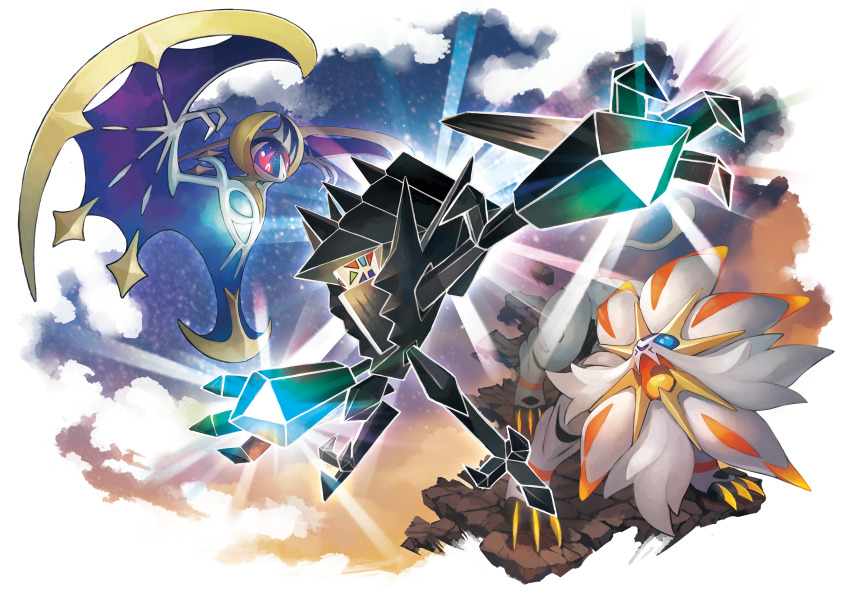 artist_request blue_eyes claws closed_mouth fangs floating flying gen_7_pokemon glowing glowing_hands highres legendary_pokemon lunala necrozma necrozma_(normal) night night_sky nintendo official_art open_mouth pokemon prism red_eyes skin_fangs sky solgaleo star_(sky) third-party_source transparent_background
