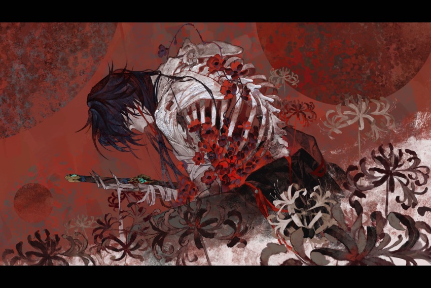 1boy absurdres bandages black_eyes black_flower black_hair black_pants black_spider_lily blade_(honkai:_star_rail) calendulamew expressionless field flower flower_field highres holding holding_sword holding_weapon honkai:_star_rail honkai_(series) letterboxed long_hair looking_down male_focus pants red_flower red_ribbon ribbon skeleton solo spider_lily sword weapon white_flower white_spider_lily