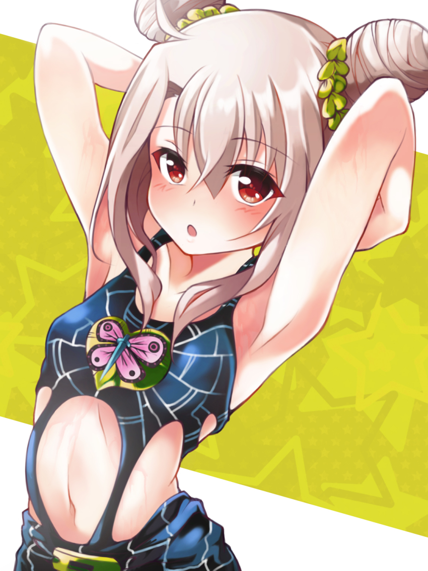 1girl armpits arms_behind_head arms_up bare_shoulders blush breasts brooch collarbone cosplay double_bun fate/kaleid_liner_prisma_illya fate_(series) hair_between_eyes hair_bun highres illyasviel_von_einzbern jewelry jojo_no_kimyou_na_bouken kujo_jolyne_(cosplay) kuujou_jolyne long_hair looking_at_viewer mochi_(k620803n) navel open_mouth red_eyes sidelocks small_breasts solo spider_web_print stone_ocean white_hair