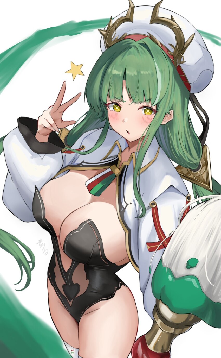 1girl azur_lane black_leotard blush breasts collared_jacket cropped_jacket green_hair hat highres jacket large_breasts leotard long_hair long_sleeves looking_at_viewer open_mouth raffaello_(azur_lane) simple_background solo soul_(dp11) star_(symbol) strapless strapless_leotard symbol-shaped_pupils thighhighs twintails very_long_hair white_background white_hat white_jacket white_thighhighs x-shaped_pupils yellow_eyes