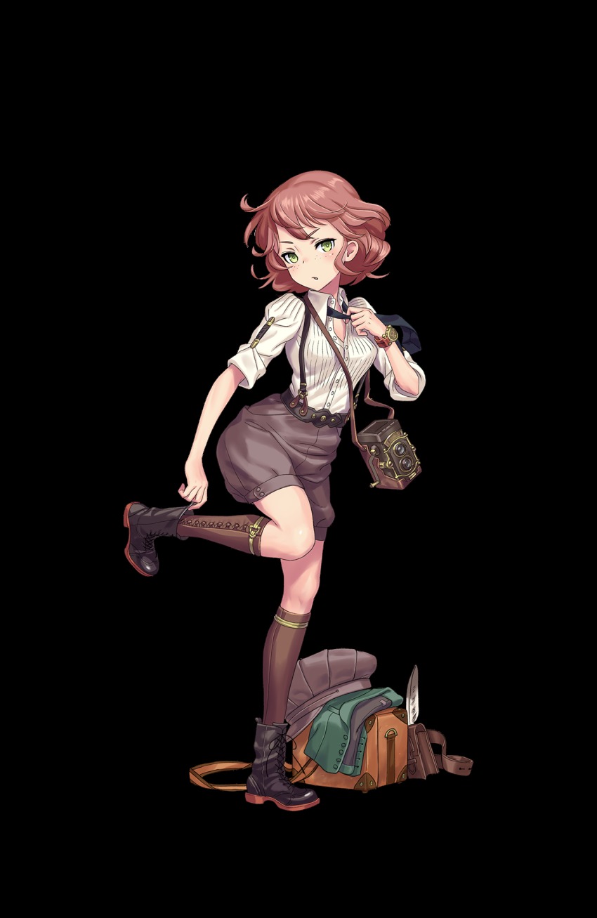 1girl belt black_boots black_necktie boots brown_hat brown_legwear camera cathy_higgins changing_clothes feathers female_focus freckles full_body green_eyes hat highres looking_at_viewer medium_hair necktie official_art princess_principal princess_principal_game_of_mission red_hair shorts solo standing suspenders transparent_background twin-lens_reflex_camera unworn_hat unworn_headwear unworn_vest vest watch wristwatch