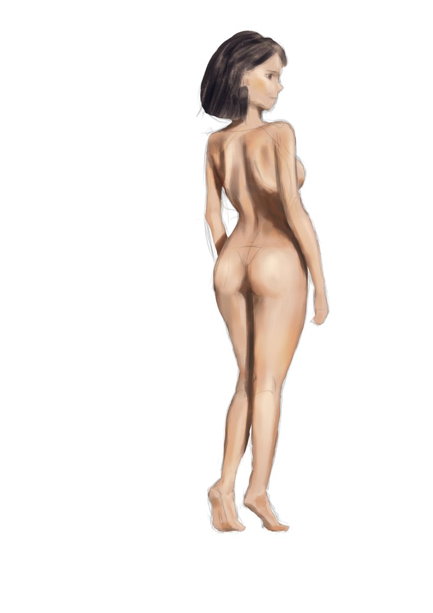 absurdres artistic_nudity ass black_hair facing_away highres looking_to_the_side nude shiromame short_hair simple_background sketch study tiptoes white_background