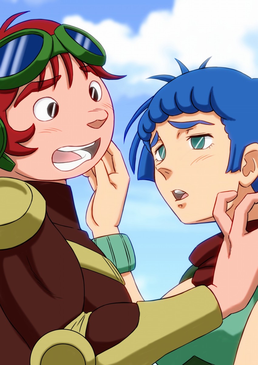 1boy 1girl :o aqua_eyes bad_id bad_pixiv_id black_eyes blue_hair blush day eye_contact hand_up hetero highres jiron_amos looking_at_another outdoors rag_uralo red_hair sakaki_youma sentou_mecha_xabungle short_hair thick_eyebrows wristband