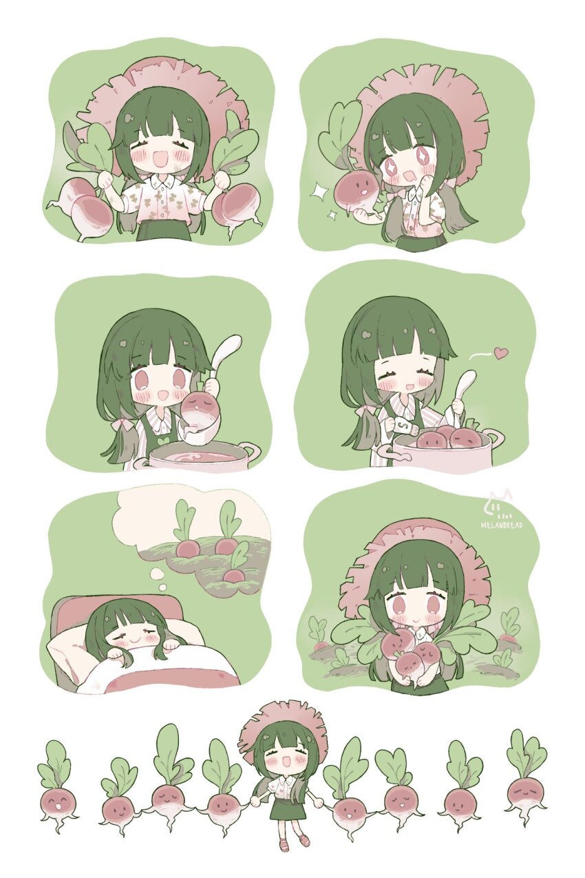 1girl artist_name bed blush brown_hair chibi collared_shirt cooking dancing dreaming food gardening hat highres holding holding_food holding_vegetable low_twintails melanbread multiple_views original shirt short_sleeves sidelocks sleeping smile soup straw_hat turnip twintails vegetable white_shirt