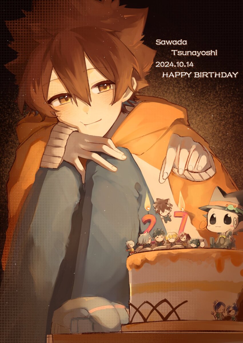 1boy birthday_cake black_hair blue_pants brown_eyes brown_hair cake character_doll chrome_dokuro commentary dated denim double-parted_bangs english_text eyepatch food gokudera_hayato grey_hair hair_between_eyes happy_birthday highres hood hood_down hooded_jacket hoodie i-pin jacket jeans katekyo_hitman_reborn! katzkhr1014 lambo male_focus miura_haru one_eye_covered pants ro rokudou_mukuro sawada_tsunayoshi sitting sleeves_past_wrists smile solo_focus spiked_hair yamamoto_takeshi