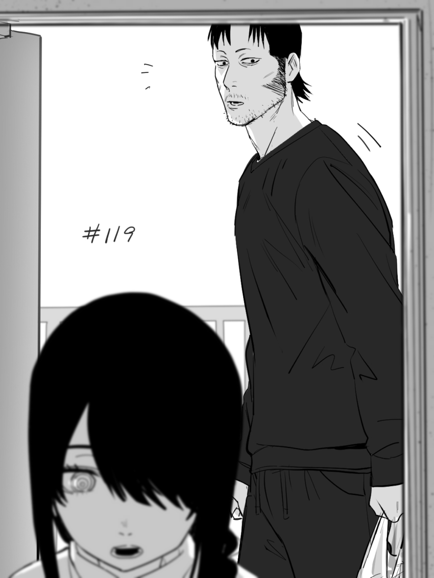 1boy 1girl bag beard_stubble blurry braid chainsaw_man commentary_request depth_of_field doorway facial_hair greyscale hair_over_one_eye highres holding holding_bag ikanyoikanikan katana_man_(chainsaw_man) long_sideburns monochrome nayuta_(chainsaw_man) plastic_bag railing ringed_eyes sideburns single_braid stubble sweater
