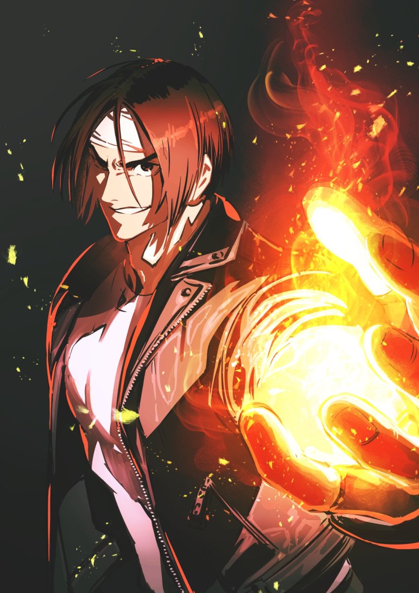 1boy azuma_kyoutarou_(artist) black_background black_vest brown_eyes brown_hair fire hairband highres kusanagi_kyou light_particles long_sleeves male_focus open_mouth parted_bangs pyrokinesis shirt short_hair simple_background smile snk solo the_king_of_fighters the_king_of_fighters_xv upper_body v-shaped_eyebrows vest white_hairband white_shirt zipper