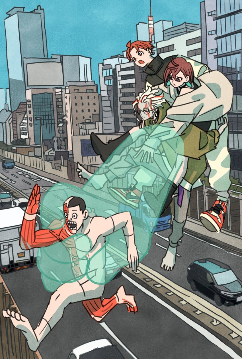 1girl 3boys alternate_costume alternate_form anatomical_model ayase_momo baggy_pants bare_shoulders barefoot black_choker black_footwear blue_sky boots brown_hair building car carrying choker city colored_skin commentary crossed_bangs dandadan day earrings enjoji_jin facial_hair full_body glasses grey_pants grey_skin hair_between_eyes highres jacket jewelry long_sleeves motor_vehicle multiple_boys open_mouth outdoors pants piggyback red_footwear red_hair road round_eyewear running shoes short_hair sky sneakers takakura_ken_(dandadan) takakura_ken_(transformed)_(dandadan) takeuchi_ryousuke taro_(dandadan) telekinesis transformation white_hair white_pants