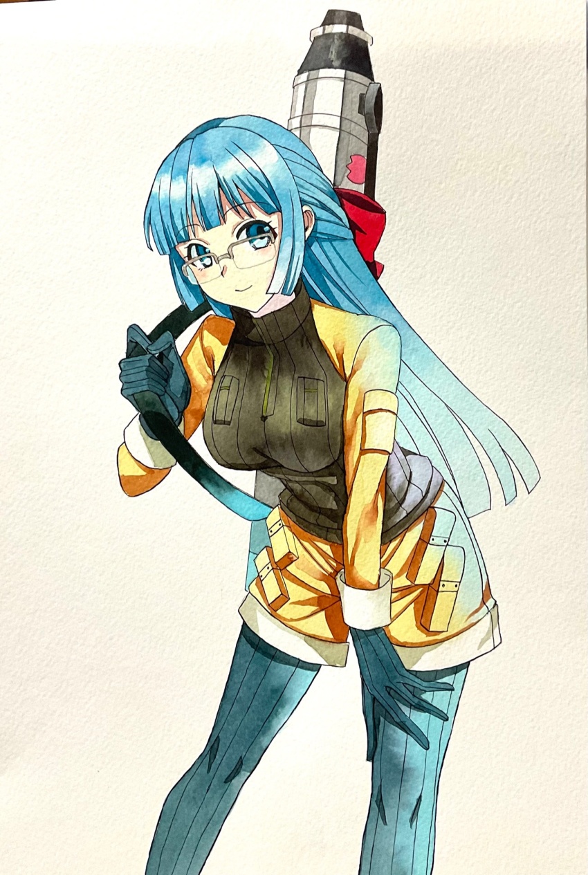 1girl blue_eyes blue_hair blunt_bangs bow color_ink_(medium) glasses gloves hair_bow highres looking_at_viewer maria_custard miita over-rim_eyewear rance_(series) semi-rimless_eyewear simple_background smile solo traditional_media