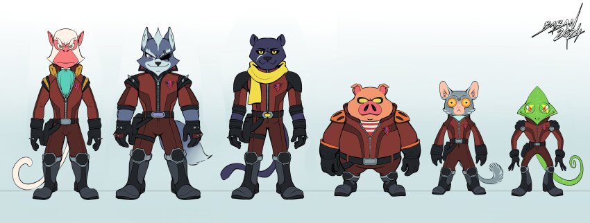 2024 6+boys absurdres algy_(star_fox) andrew_oikonny ascot blue_background boots eyepatch facing_viewer full_body gradient_background grey_eyes highres jacket leon_powalski lummh multiple_boys nintendo orange_eyes panther_caroso pigma_dengar scarf standing star_fox star_fox_2 star_fox_64 wolf_o&#039;donnell yellow_eyes