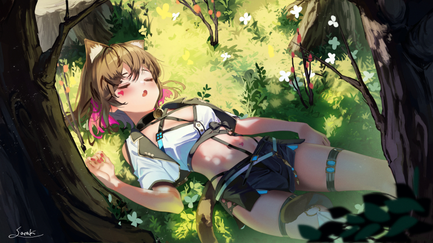 1girl animal_ear_fluff animal_ears blue_shorts breasts brown_hair cat_ears cat_girl cat_tail closed_eyes colored_inner_hair crop_top cropped_jacket day flower grass highres jacket lying midriff multicolored_hair nail_polish on_back open_clothes open_jacket open_mouth original outdoors pink_hair red_nails saraki shirt short_hair shorts sleeping solo tail tree white_flower white_jacket white_shirt