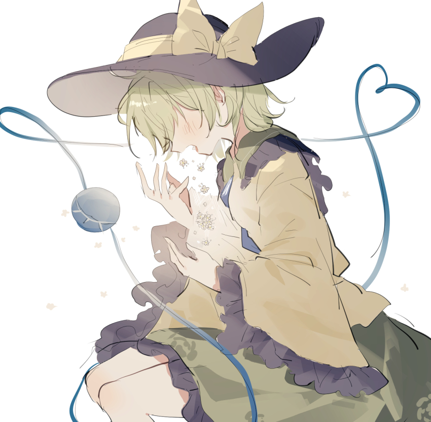 1girl black_hat blouse bow breasts coughing_flowers crystal feet_out_of_frame flower frilled_shirt_collar frilled_skirt frilled_sleeves frills from_side green_hair green_skirt hair_over_shoulder hat hat_bow hat_ribbon heart heart_of_string highres komeiji_koishi long_sleeves looking_down medium_hair open_mouth profile ribbon shirt simple_background skirt small_breasts solo sorani_(kaeru0768) string third_eye touhou white_background wide_sleeves yellow_bow yellow_ribbon yellow_shirt