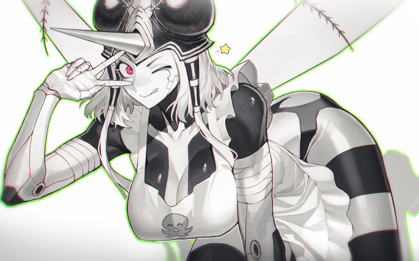 :p absurdres antennae apron arthropod_girl bandages bandaid bent_over breasts frills hanging_breasts highres large_breasts medium_hair monster_girl mosquito_girl mosquito_musume naked_apron one-punch_man one_eye_closed pink_eyes rhine_(overtonerhine) simple_background tongue tongue_out v wavy_hair white_background wings