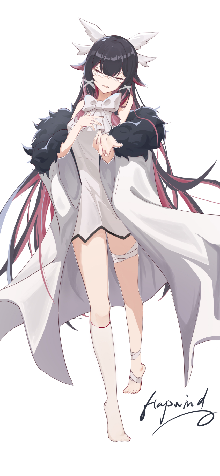 1girl absurdres black_hair closed_eyes columbina_(genshin_impact) dress genshin_impact hapwind highres signature simple_background socks solo white_background white_dress white_socks