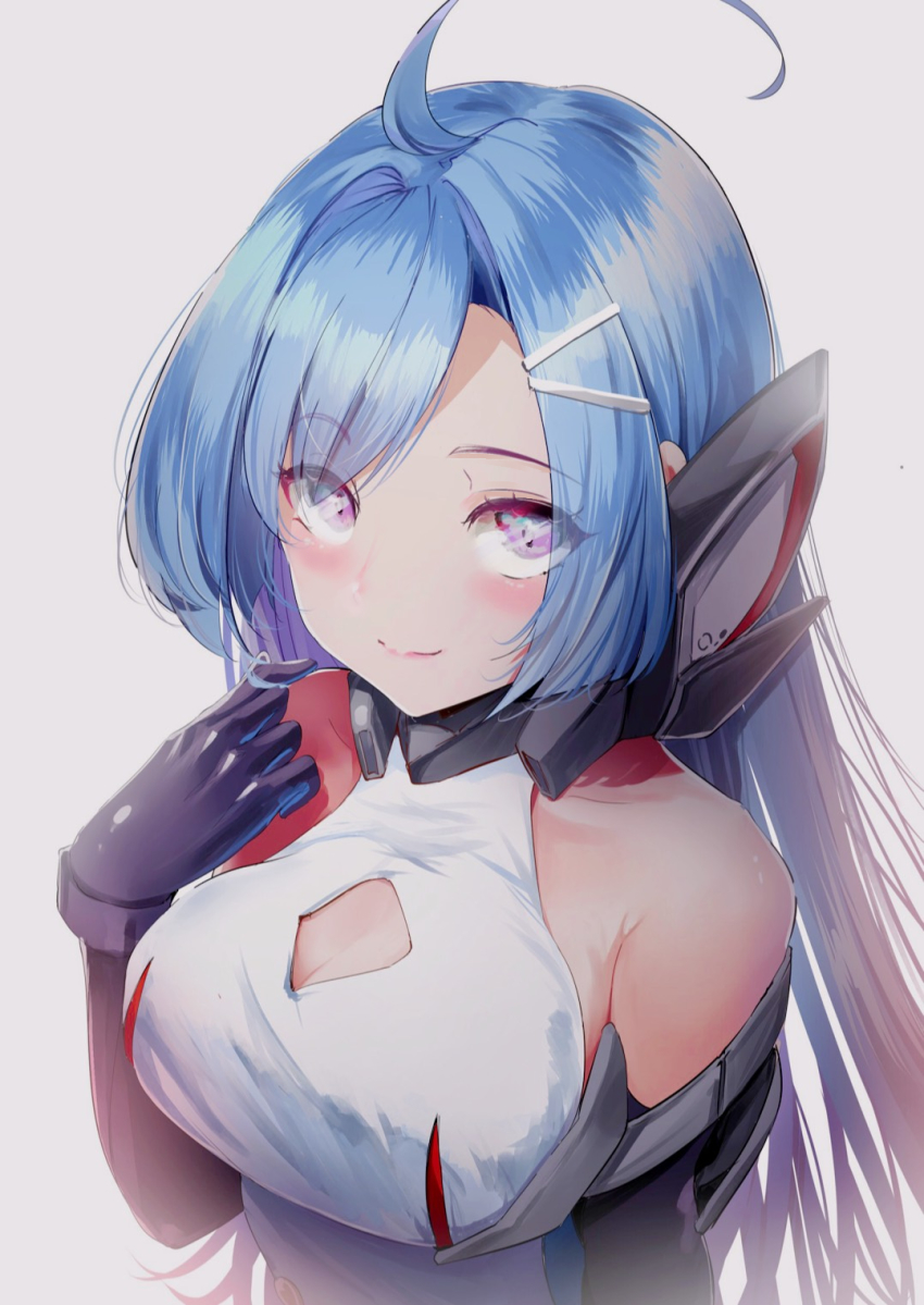 1girl ahoge armpit_crease azur_lane bare_shoulders black_gloves blue_hair blush breasts cleavage_cutout closed_mouth clothing_cutout commentary_request elbow_gloves gloves hair_over_one_eye headgear helena_(azur_lane) helena_(retrofit)_(azur_lane) highres large_breasts looking_at_viewer purple_eyes retrofit_(azur_lane) schreibe_shura sidelocks smile solo swept_bangs twirling_hair upper_body