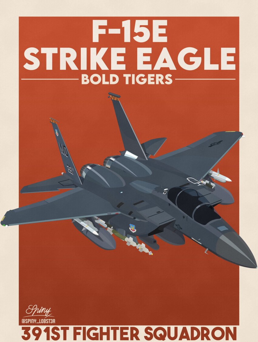 absurdres air-to-air_missile aircraft airplane artist_name border english_text external_fuel_tank f-15_eagle fighter_jet highres military military_vehicle missile no_humans original red_background spiny_(spiny_lobster) twitter_username united_states_air_force vehicle_focus vehicle_name white_border