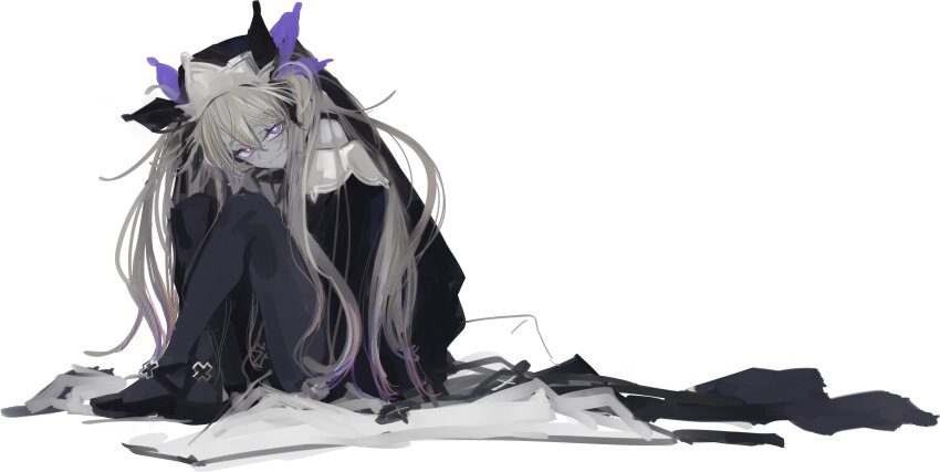 1girl absurdres bright_pupils crossed_ankles dress full_body greyscale highres hijirime_laeria ikuhana_niiro indie_virtual_youtuber knees_up long_dress long_hair looking_at_viewer monochrome multicolored_hair negative_space off-shoulder_dress off_shoulder pantyhose purple_eyes shoes simple_background sitting smile solo spot_color streaked_hair twintails veil virtual_youtuber