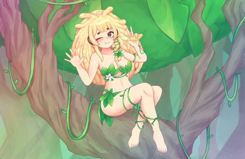 1girl animal_ears banana bananajuju blonde_hair brown_eyes day dreadlocks food fruit highres holding holding_food holding_fruit indie_virtual_youtuber leaf_bra leaf_skirt long_hair looking_at_viewer monkey_ears monkey_girl nkmorker one_eye_closed outdoors plant_clothing sitting solo tree virtual_youtuber