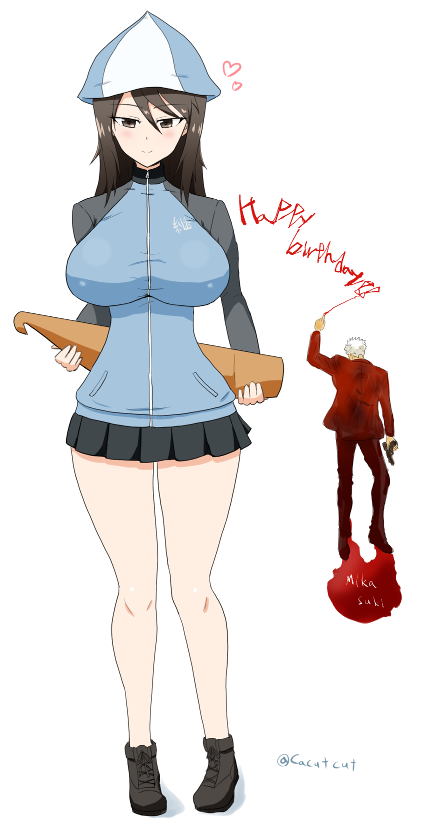1boy 1girl absurdres blush breasts brown_eyes brown_hair cube_(huidama) don&#039;t_you_ever_stop_(meme) full_body girls_und_panzer gundam gundam_tekketsu_no_orphans happy_birthday highres instrument kantele keizoku_military_uniform large_breasts long_hair mika_(girls_und_panzer) military_uniform orga_itsuka tulip_hat