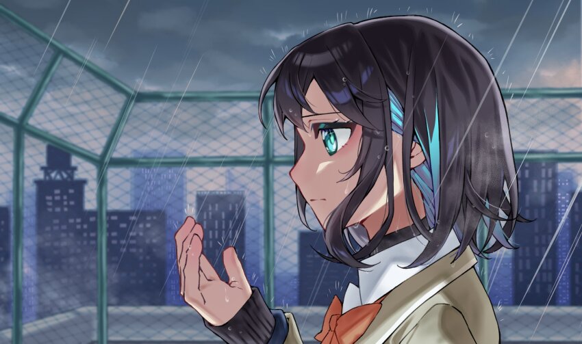 1girl aqua_eyes black_hair blue_hair bow bowtie building closed_mouth cloud cloudy_sky colored_inner_hair fence from_side hand_up highres long_sleeves miyamai_moca multicolored_hair on_rooftop orange_bow orange_bowtie outdoors profile rain rooftop sky skyscraper solo tere_douga voicepeak