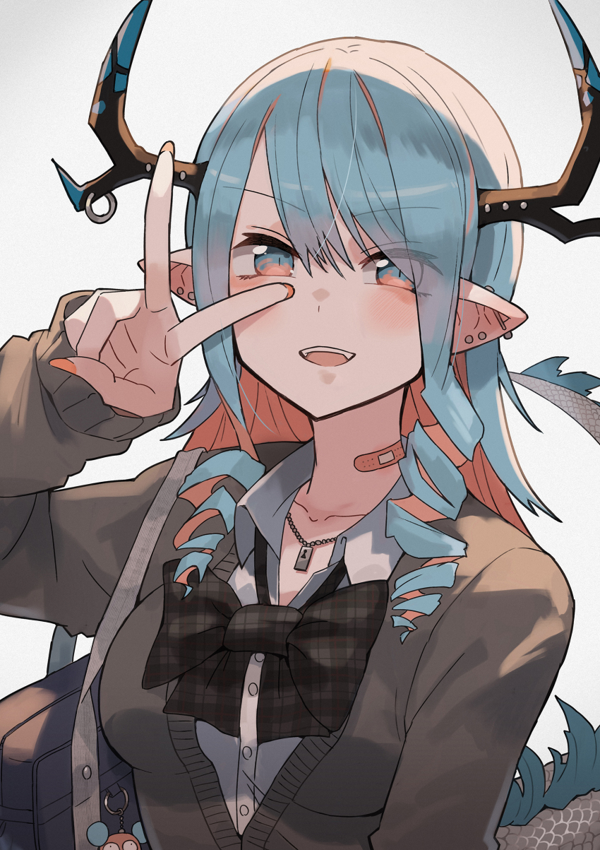 1girl bandaid bandaid_on_neck black_bow bow brown_sweater collared_shirt dragon_girl dragon_horns dragon_tail drill_hair ear_piercing grey_eyes grey_hair highres horn_piercing horns katsu_(katsupainter) looking_at_viewer open_mouth original piercing pointy_ears school_uniform shirt simple_background solo sweater tail teeth twin_drills upper_body upper_teeth_only v white_shirt