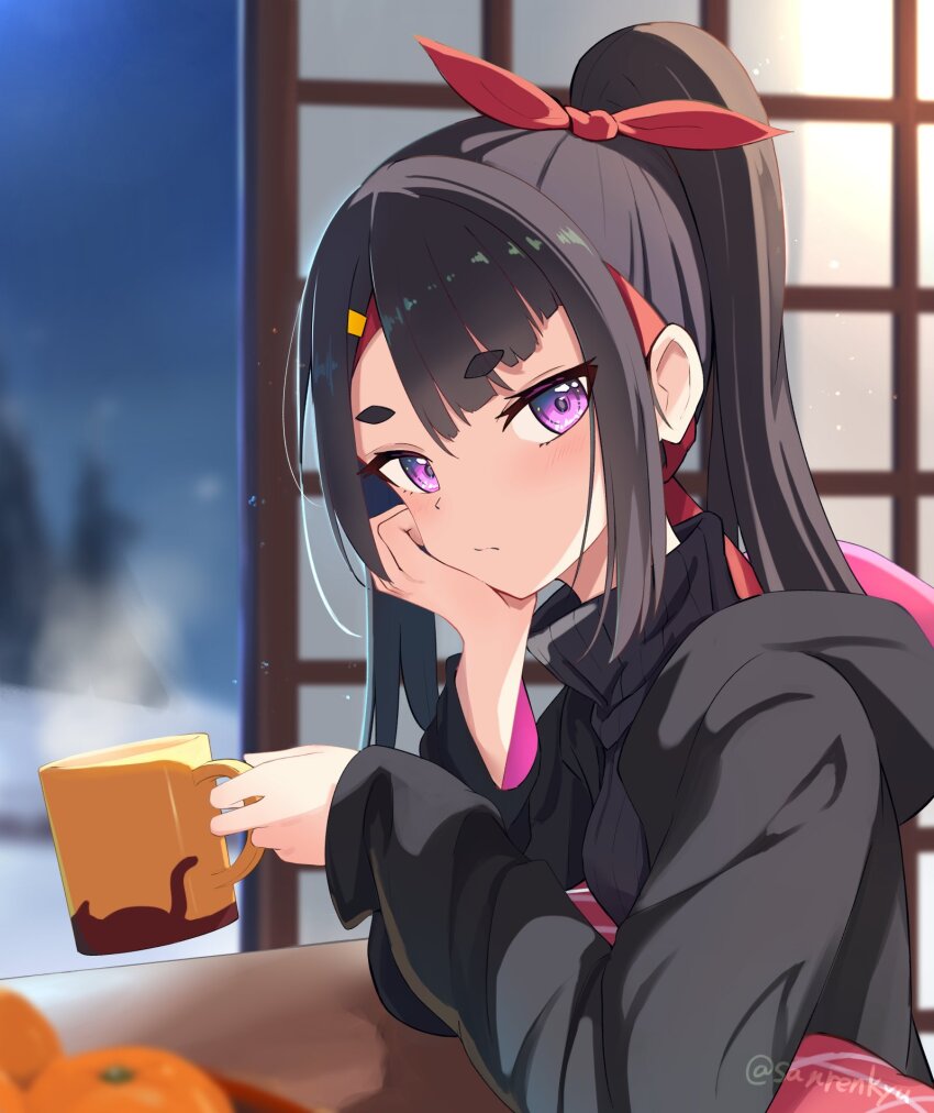 1girl asymmetrical_bangs black_hair black_jacket blurry blurry_background bow closed_mouth cup doku-doku food fruit hair_bow hair_ornament hairclip head_rest headband high_ponytail highres holding holding_cup hood hood_down hooded_jacket jacket kotatsu mug orange_(fruit) original ponytail purple_eyes red_bow red_headband ribbed_sweater short_eyebrows shouji sliding_doors solo steam sweater table twitter_username winter