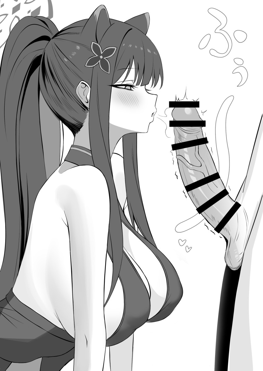 1boy 1girl absurdres animal_ears bar_censor bare_shoulders blowing_on_penis blue_archive blush breasts censored dress erection from_side greyscale halo hetero highres large_breasts long_hair monochrome penis ponytail shun_(blue_archive) simple_background sleeveless sleeveless_dress solo_focus tokishirazu white_background