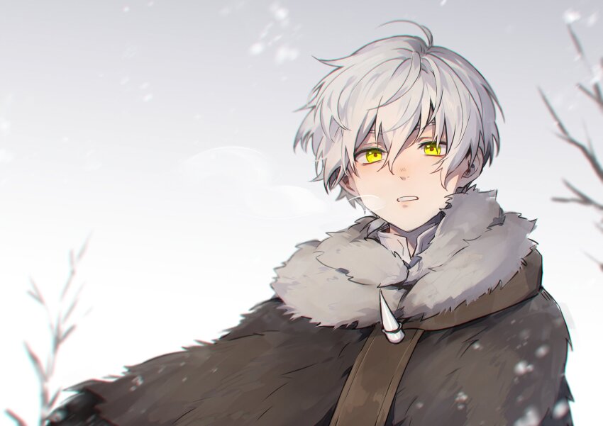 1boy absurdres blurry blurry_background breath collared_shirt fumetsu_no_anata_e fur-trimmed_jacket fur_trim fushi grey_hair grey_shirt grey_sky highres jacket male_focus nanin outdoors shirt short_hair sky snowing solo teeth the_nameless_boy_(fumetsu_no_anata_e) upper_body yellow_eyes