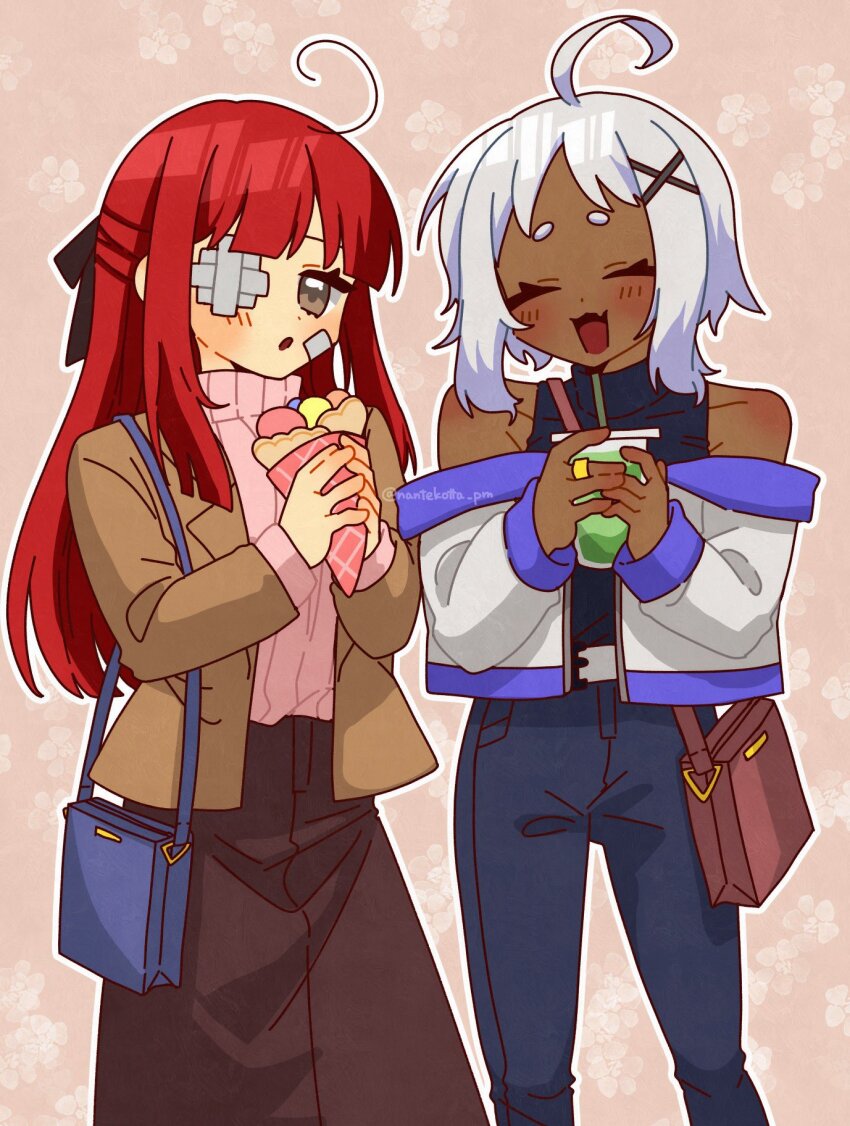 1girl 2girls :o alternate_costume aya_(project_moon) bare_shoulders black_bow black_shirt blue_bag blue_pants bow brown_jacket brown_skirt closed_eyes crepe cup dark-skinned_female dark_skin fang food gauze gauze_over_eye grey_eyes hair_bow highres holding holding_crepe holding_cup holding_food jacket limbus_company long_hair long_sleeves looking_at_viewer multiple_girls nantekottawo!! open_mouth orange_background pants pink_sweater project_moon red_hair shirt short_hair sidelocks simple_background skin_fang skirt sleeveless standing sweater upper_body white_hair white_jacket yuri_(project_moon)