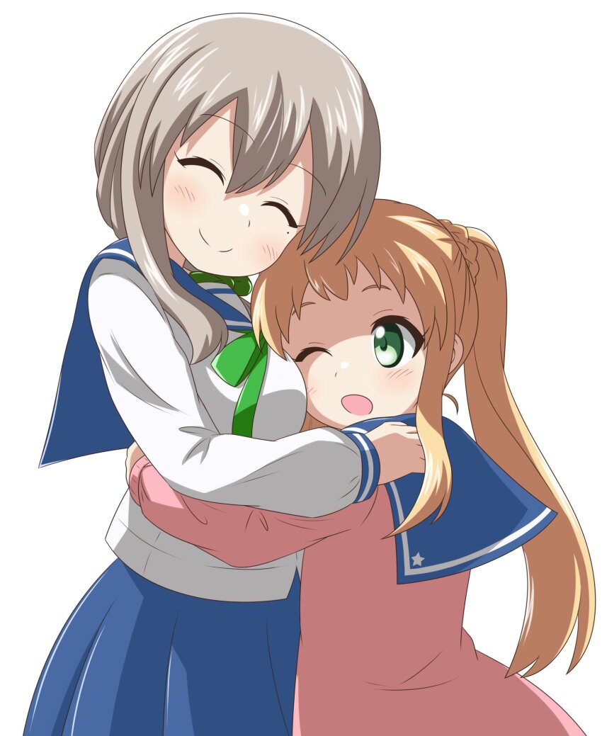 2girls blonde_hair blue_sailor_collar blue_skirt blush braid closed_eyes closed_mouth dot_nose feet_out_of_frame female_focus green_eyes grey_hair hair_between_eyes happy highres hug inose_mai koisuru_asteroid long_hair long_sleeves mole mole_under_eye morino_mari multiple_girls nanog_eb1994 one_eye_closed open_mouth pink_sweater ponytail sailor_collar school_uniform shirt simple_background skirt smile star_(symbol) sweater twin_braids white_background