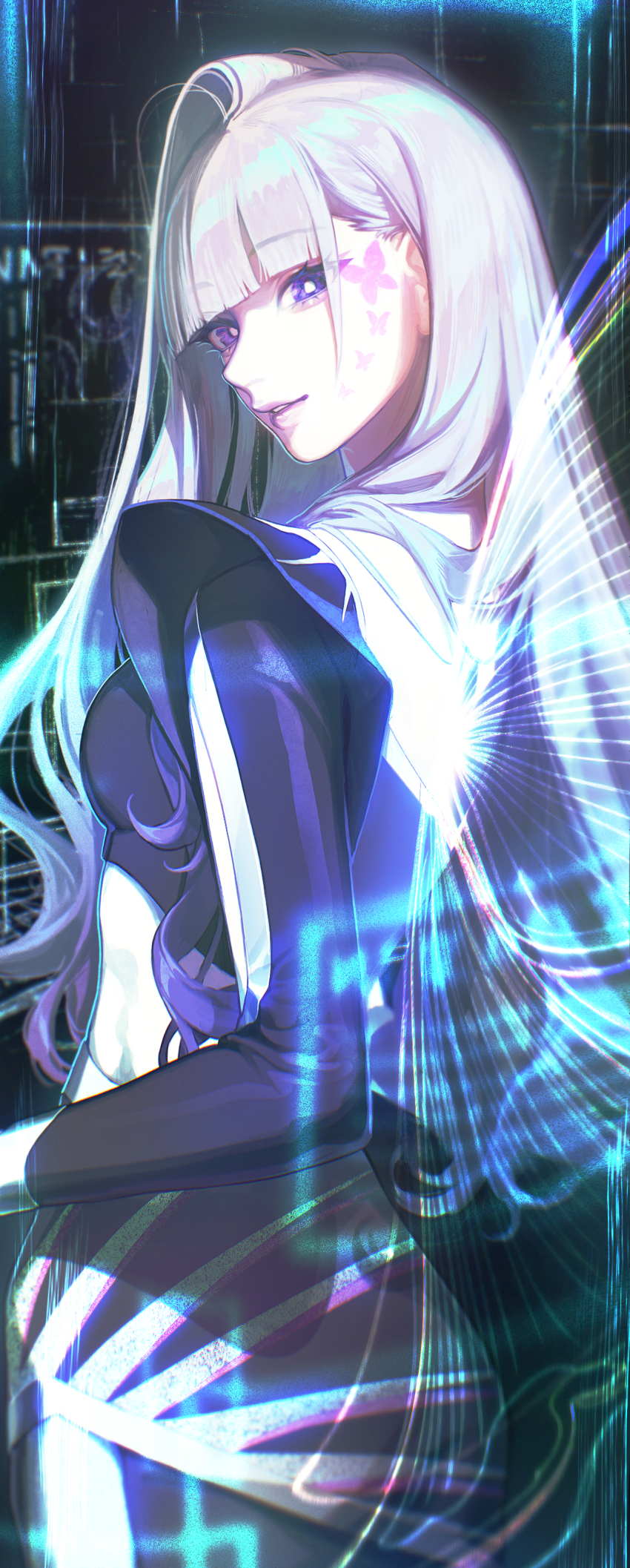 1girl absurdres aespa back black_shirt breasts bright_pupils butterfly_tattoo gootai grey_hair grin hair_over_shoulder highres k-pop long_hair long_sleeves looking_at_viewer ningning_(aespa) parted_lips purple_eyes real_life shirt smile solo tattoo teeth white_pupils