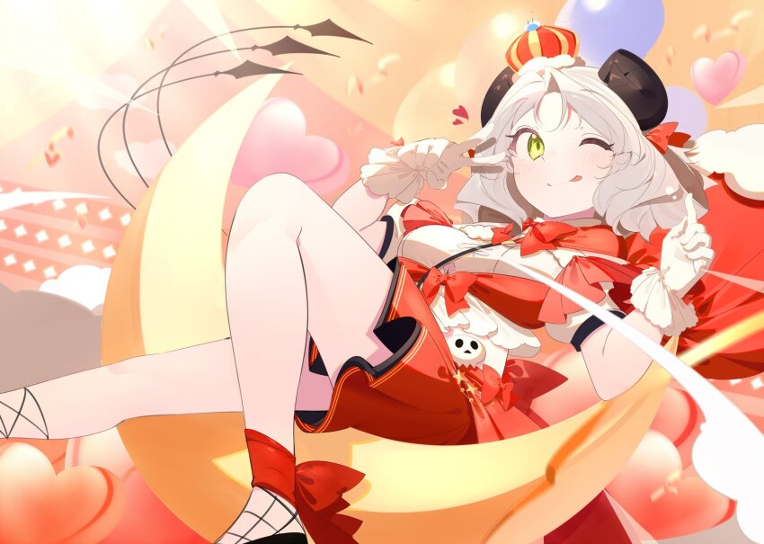 1girl balloon benio_(dontsugel) black_shirt blonde_hair crop_top crown demon_girl demon_tail gloves hands_up highres idol light_blush lying moon one_eye_closed provato_pecora_aries red_skirt shirt skirt slime_taoshite_300_nen_shiranai_uchi_ni_level_max_ni_nattemashita smile solo_focus tail tongue tongue_out v white_gloves yellow_eyes